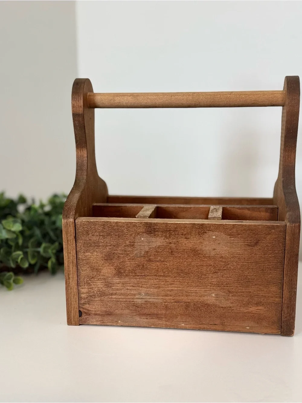 Hand-Painted Rustic Wooden Caddy with Red Hen Motif